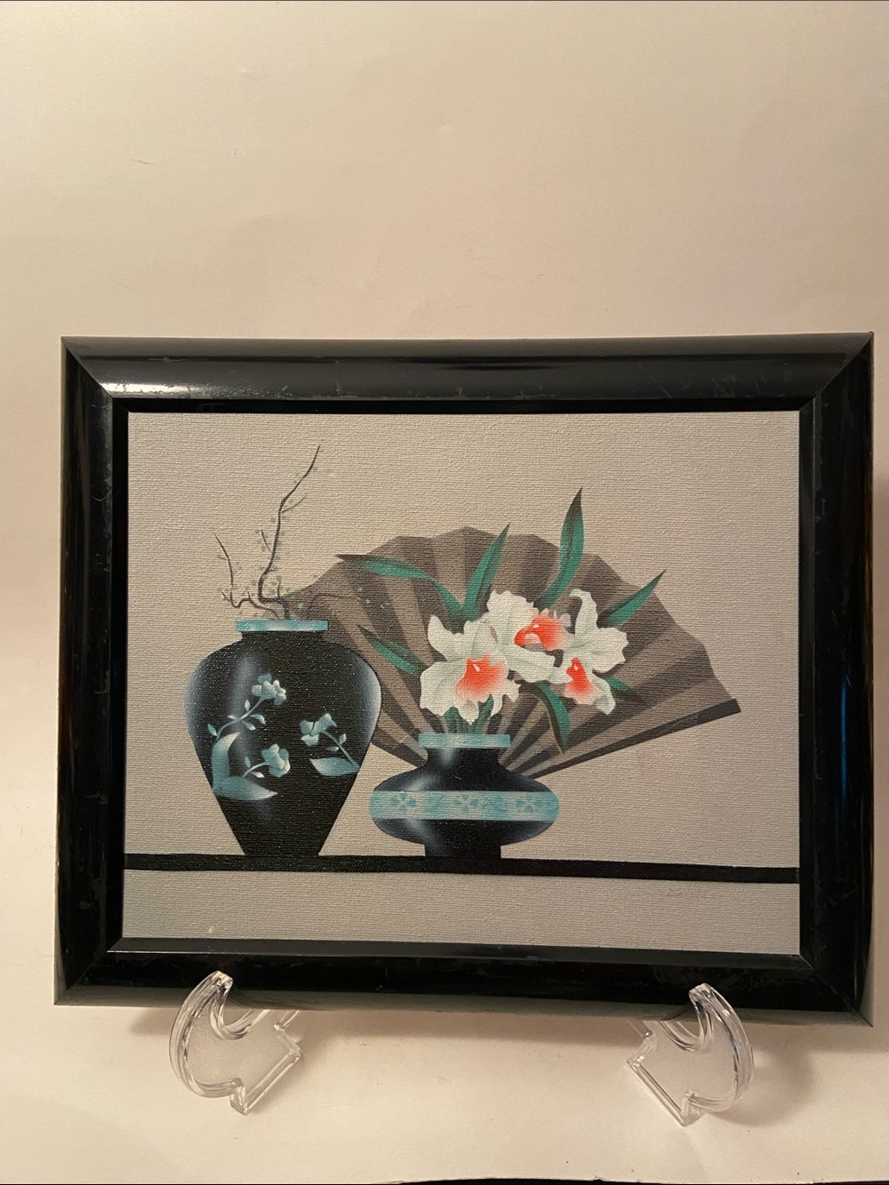 VTG 70s Airbrushed Canvas Art Asian Vases Fan Floral 12 x 10” Painting